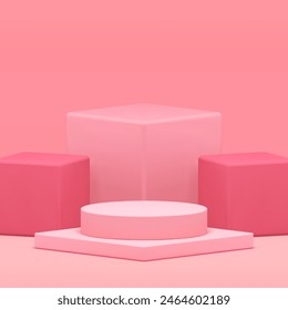 Pink 3d podium pedestal mock up for feminine cosmetic product show realistic vector illustration. Elegant trendy geometric stand cylinder squared platform with cubes wall background for presentation