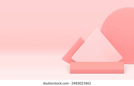 Pink 3d podium pedestal mock up for beauty cosmetic product presentation realistic vector illustration. Elegant feminine pastel squared display with triangle circle geometric shapes wall background