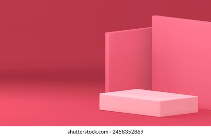 Pink 3d podium pedestal rectangle platform mock up cosmetic product show realistic vector illustration. Elegant feminine advertising display commercial shopping sale stand geometric showroom interior