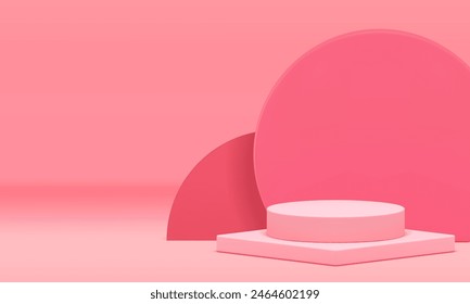 Pink 3d podium pedestal with round geometric wall background realistic vector illustration. Trendy feminine advertising stand commercial showroom beauty display product show elegant studio interior