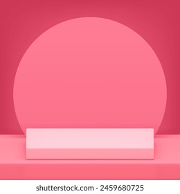 Pink 3d podium pedestal with semi circle wall background realistic vector illustration. Elegant feminine geometric showcase advertising showroom mock up for cosmetic product show presentation