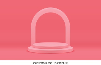 Pink 3d podium round level award arena with curved arch column for win celebration realistic vector illustration. Pedestal cylinder stage basic foundation platform exhibition product showcase display