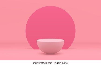 Pink 3d podium semisphere stage round design promo retail merchandise arena realistic vector illustration. Circle pedestal geometric shape fashion platform construction foundation decor element