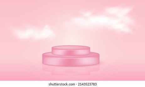 Pink 3d podium with stage. Empty platform for jewelry or cosmetic display. Pastel showcase with clouds. Vector mockup round shape pedestal.