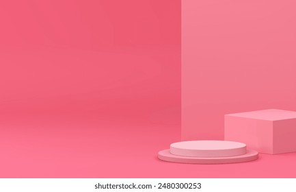 Pink 3d podium stand mock up for beauty cosmetic product presentation realistic vector illustration. Elegant feminine geometric shapes showroom interior trendy rendering pedestal for advertising