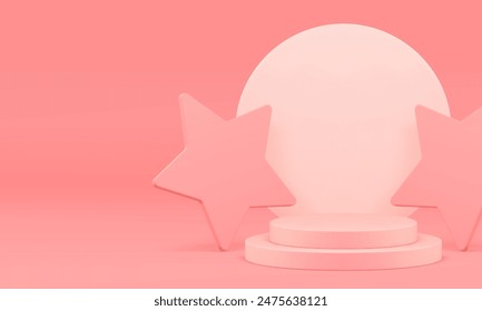 Pink 3d podium with stars mock up for cosmetic product presentation realistic vector illustration. Elegant feminine pastel cylinder pedestal with round wall background for beauty shopping sale show