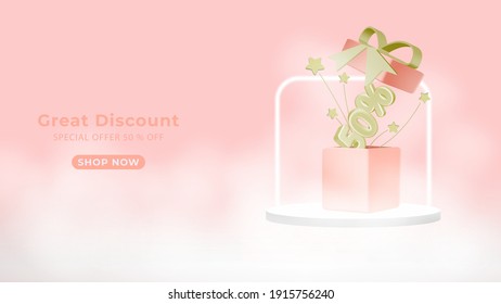 Pink 3d podium studio. Abstract modern stylish realistic design round stand with open gift box, neon light, star, and cloud. Background for birthday, anniversary, sale, wedding. Vector illustration