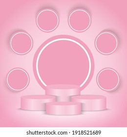 Pink 3d podium studio. Abstract modern design round stand with many circle for icon sale. Background for show product, sale, and cosmetic. Vector illustration. Template for social media post