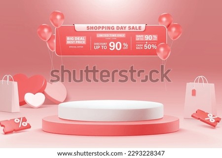 Pink 3D product display podium. Composition design with shopping bag, gift boxes, and heart shape balloons.