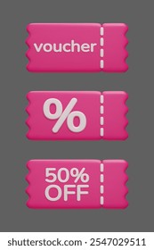 Conjunto de comprovantes de promoção 3d rosa. Certificado de oferta especial, cupom de compras, Black Friday venda banner design elementos 3d vetor render. 50% desconto voucher desconto folheto promocional.