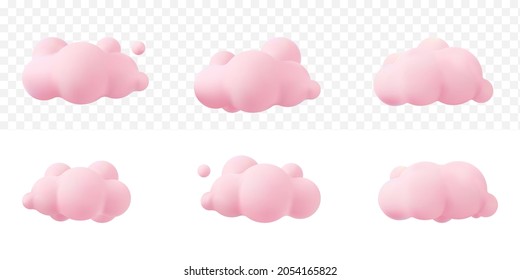 pink 3d realistic clouds set isolated on a tranparent background. Render soft round cartoon fluffy clouds icon in the  sky. 3d geometric shapes vector illustration