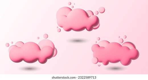 Pink 3d realistische Wolken einzeln auf blauem Hintergrund. Render weiche runde Cartoon feine Wolken Symbol in den blauen Himmel. Geometrische 3D-Formen, Vektorgrafik