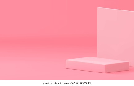 Pink 3d rectangle podium pedestal with wall background for promo realistic vector illustration. Trendy elegant feminine pastel advertising showcase mock up beauty cosmetic shopping sale presentation