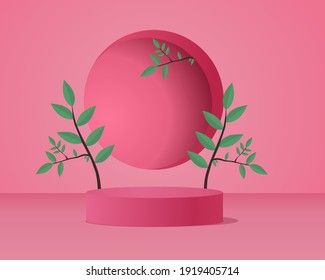 Pink 3d rendering vector background with podium and green leaves, minimal pink wall scene, 3d minimal abstract background rendering abstract geometric shapes in pastel pink colors. The stage for the a