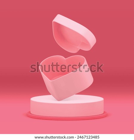 Pink 3d romantic podium with heart gift box for beauty product show realistic vector illustration. Elegant feminine trendy cylinder pedestal with festive holiday present for cosmetic presentation