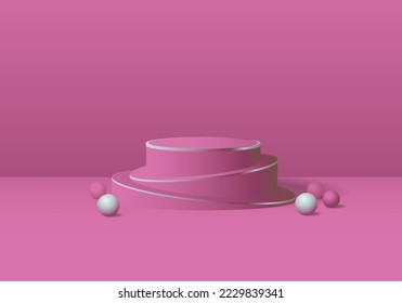 pink 3d room with pink pedestal set and tiny balls as realistic decoration. minimalist podium for displaying products. Round stage for performances.
vector eps 10