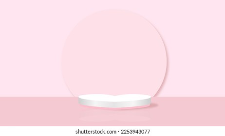 Pink 3D room with realistic heart stage pedestal podium. Minimal scene for product display presentation. Stage for showcase. Vector geometric design platform.