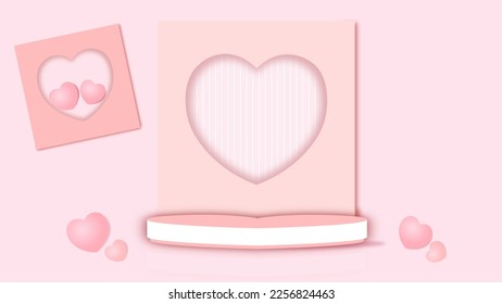 Pink 3D room with realistic pedestal podium. Minimal Valentine love scene for product display presentation. Stage for showcase. Vector geometric design platform.