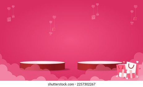 Pink 3D room with realistic pedestal podium. Minimal Valentine love scene for product display presentation. Stage for showcase. Vector geometric design platform.