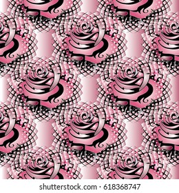Pink 3d roses seamless pattern background wallpaper with 3d flowers and flourish ornaments. Vector surface 3d texture for fabric, prints, wallpapers, textile, cards, bed linens, curtains. 