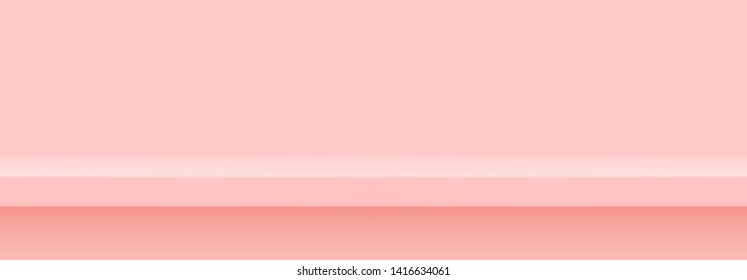 Pink 3d shelf on the wall. Wooden horizontal realistic empty shelf.