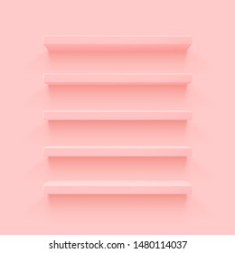 Pink 3d shelf on the wall. Wooden horizontal realistic empty shelf.