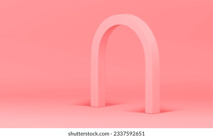 Pink 3d showroom with isometric curved arch for feminine product presentation realistic vector illustration. Trendy pastel showcase elegant archway geometric element modern display for advertising