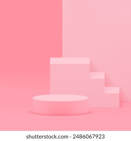 Pink 3d showroom podium pedestal with stairs for presentation realistic vector illustration. Elegant feminine minimalist showcase advertising room space interior for beauty product show