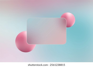 Pink 3D spheres. Square banner made of transparent glass. Stylish banner.