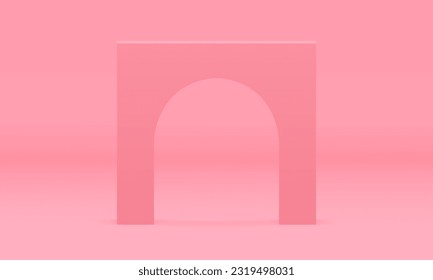 Pink 3d squared curved arch geometric column stand front view realistic vector illustration. Archway corner decor element vertical architecture platform construction for expo ceremony minimal design