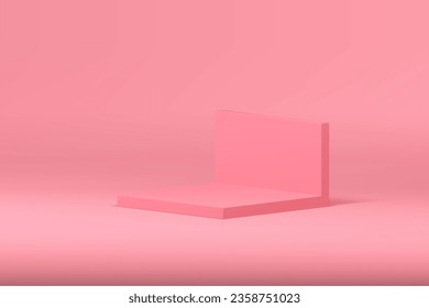 Pink 3d squared podium pedestal with rectangle wall background for product promo realistic vector illustration. Elegant feminine modern isometric showcase for beauty cosmetic shopping sale advertising
