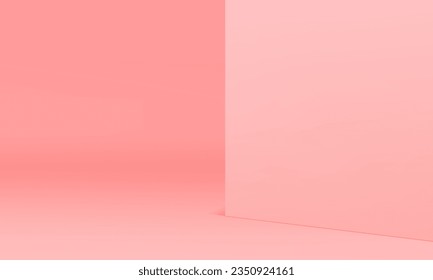Pink 3d studio space room elegant interior for feminine product commercial presentation realistic vector illustration. Pastel rendering showroom advertising empty promo display with wall backdrop