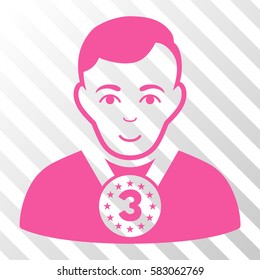Pink 3rd Prizer Sportsman interface icon. Vector pictograph style is a flat symbol on diagonally hatched transparent background.
