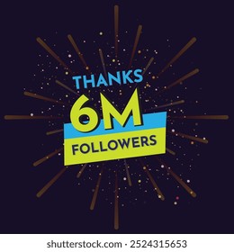 Pink 6M isolated on Dark background, Thank you followers peoples, 6M online social group, 6 Million followers celebration,Explosion burst background Congratulation card.