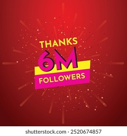 Pink 6M isolated on red background, Thank you followers peoples, 6M online social group, 6 Million followers celebration,Explosion burst background Congratulation card.