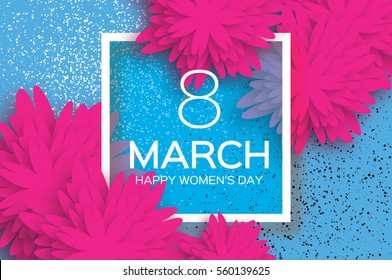 Pink 8 March. Floral Greeting card. Happy Women's Day. Paper cut flower holiday background with square Frame and space for text. Origami Trendy Design Template. Happy Mother's Day. Vector illustration