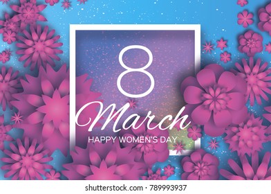 Pink 8 March. Happy Mother's Day. Pink white Paper cut Floral Greeting card. Origami flower .Square Frame, space for text. Happy Women's Day. Text. Spring blossom. Seasonal holiday on sky blue.