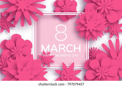 Pink 8 March. Happy Women s Day. Paper cut Floral Greeting card. Origami flower. Square outline Frame, space for text. Happy Mother s Day. Text. Spring blossom. Seasonal holiday. Paper decoration.