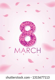 Pink 8 March with Scattered Flower Petals. International Women's Day Vector Design.