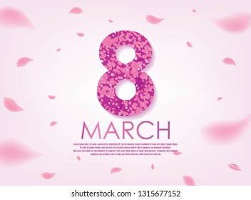 Pink 8 March with Scattered Flower Petals. International Women's Day Vector Design.