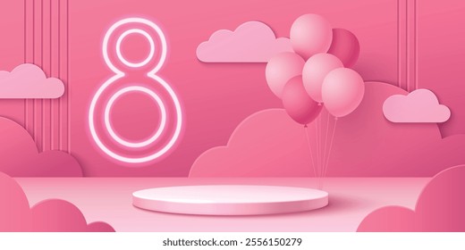 Pink 8 March scene with neon number eight, floating paper cut clouds and balloons. Minimalist cylinder podium stands on pastel color background. Realistic 3d International Women Day celebration banner