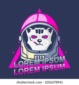 pink 80s smoking astronaut cat illustration for tshirt logo or badge gaming esport