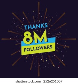 Pink 8M isolated on Dark background, Thank you followers peoples, 8M online social group, 8 Million followers celebration,Explosion burst background Congratulation card.