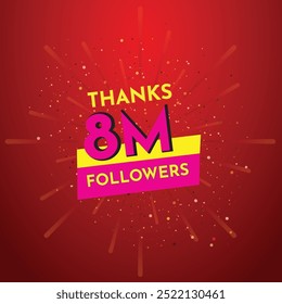 Pink 8M isolated on red background, Thank you followers peoples, 8M online social group, 8 Million followers celebration,Explosion burst background Congratulation card.