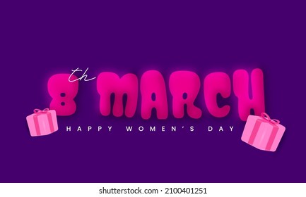 Pink 8th March Font With Realistic Gift Boxes On Purple Background For Happy Women's Day Concept.
