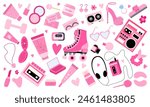 Pink 90s girl vintage vector flat set. Set of retro colorful elements 80s 90s in pink colours for stickers and posters