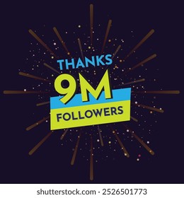 Pink 9M isolated on Dark background, Thank you followers peoples, 9M online social group, 9 Million followers celebration,Explosion burst background Congratulation card.