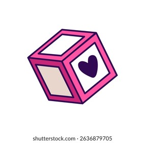 Bloco ABC rosa com coração. Cubo de brinquedo para crianças para aprender letras, alfabeto. Jogo educacional para bebês para desenvolvimento, estudo da língua. Ilustração de vetor isolado plano sobre fundo branco
