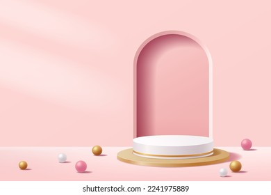 Pink abstract 3D scene for mockup, White and gold cylinder podium for display product presentation background, Vector illustration
