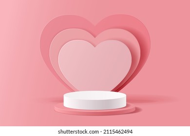 Pink abstract 3D scene for product presentation, Cylindrical podium and overlap heart shape for display product, Valentine's day or Mother's day background, Vector illustration